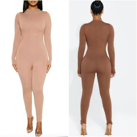 naked wardrobe Pants - Naked Wardrobe Mock Neck Tan Long Sleeved Jumpsuit